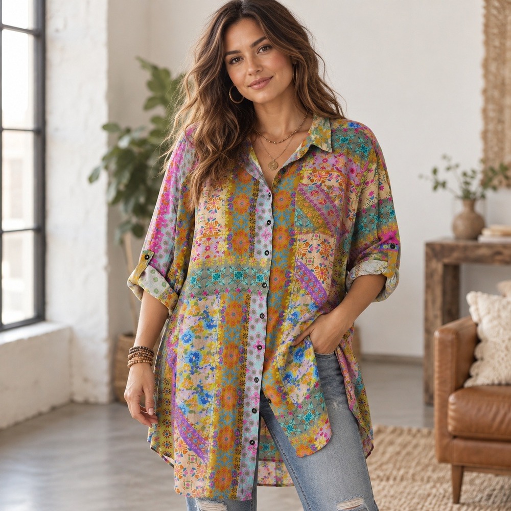 Natural Life Patchwork Floral Button Down Shirt XL Boho Chic Flowy Tunic Top